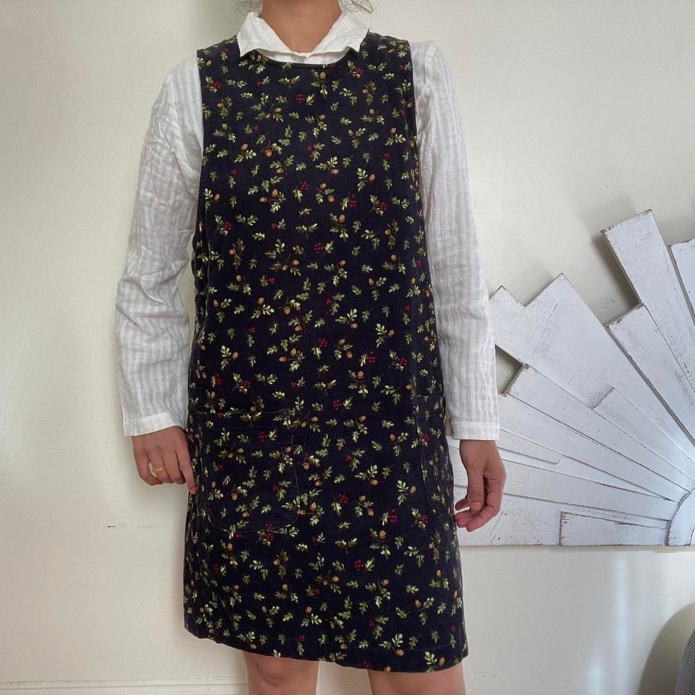 Vintage Black Floral Print Corduroy Pinafore Dress